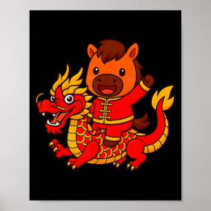 Poster Cavalo de Fogo Fofo Montando Dragão Chinês Ano Nov