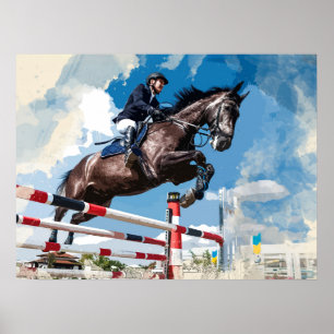 Pôster Cavalo de salto do cavaleiro na competição