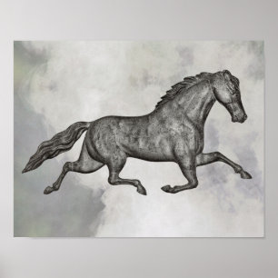 Poster Cavalo de Trote Vintage em Cinzas em Nuvens