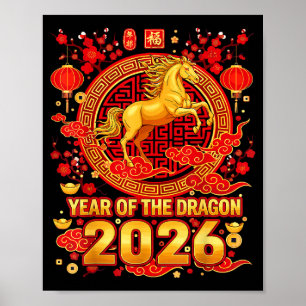 Poster Cavalo Dourado Ano Novo Chinês 2026 Dragão Zodíaco