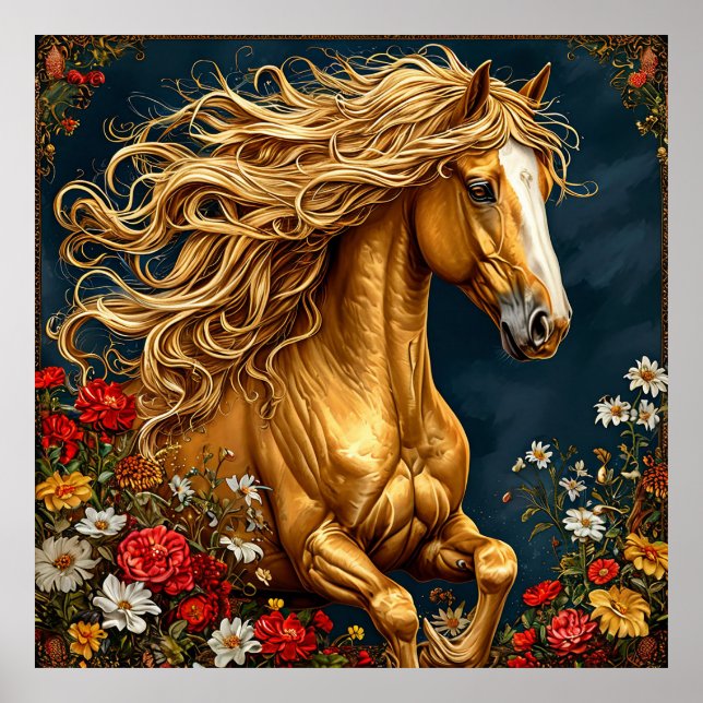 Poster Cavalo Dourado com Crina Fluindo (Frente)