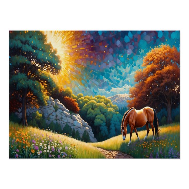 Pôster Cavalo e Flores em um prado colorido (Frente)