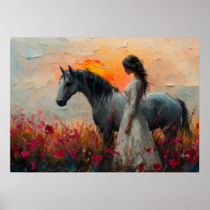 Poster Cavalo e Mulher Encantadores em um Pôr do Sol Vibr