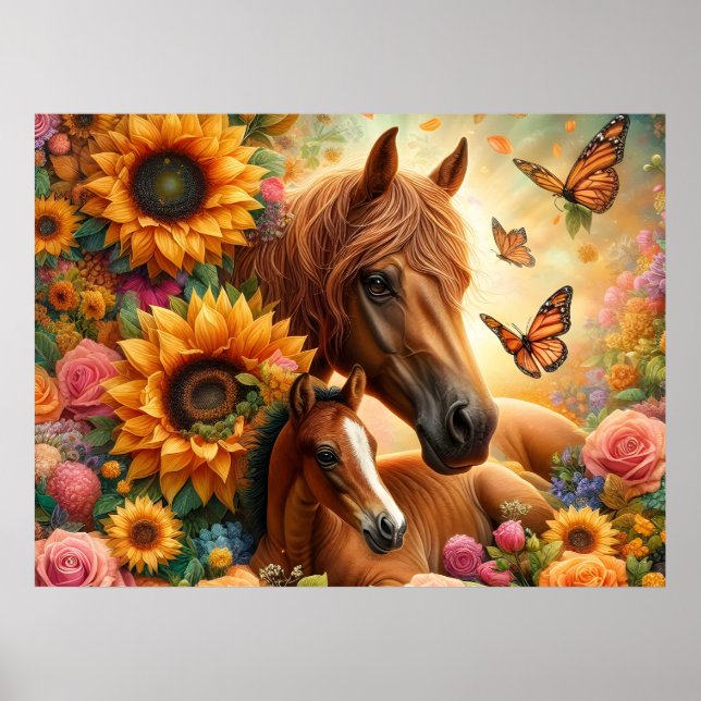 Poster Cavalo e Potro Girassol (Frente)