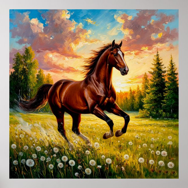 Poster Cavalo Galopando em um Campo Florido (Frente)
