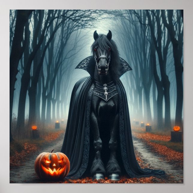 Poster Cavalo Gótico do Halloween na Floresta Negra (Frente)