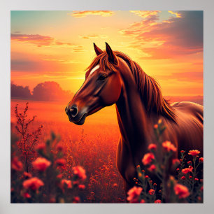 Poster Cavalo gracioso em pé em um prado vibrante ao sol