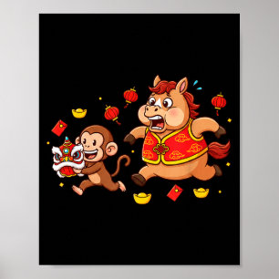 Poster Cavalo Macaco Chinês Divertido Crianças Homens Mul