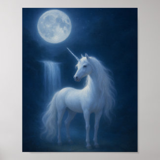 Poster Cavalo Mágico ao Luar & Cena de Cachoeira Arte Fan