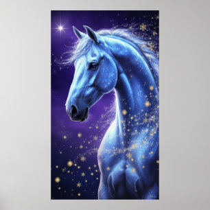 Poster Cavalo Mágico Azul Sob o Céu Noturno Estrelado