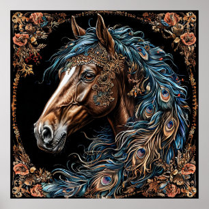 Poster Cavalo Majestoso Com Crina Azul Ornamentada