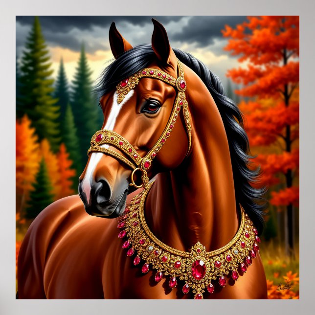 Poster Cavalo Majestoso com Harness Ornamentado Dourada (Frente)