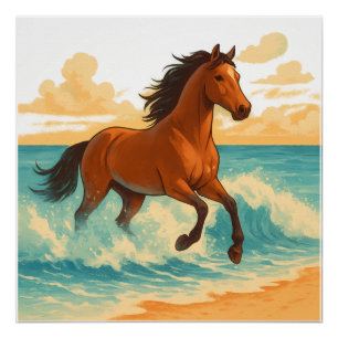 Pôster Cavalo Majestoso Erguendo-se do Mar Poder e Liberd
