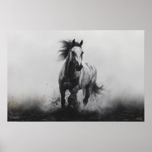 Poster Cavalo Majestoso Galopando em Preto e Branco