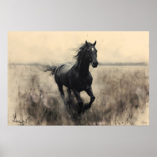 Poster Cavalo Majestoso Galopando na Natureza - Monocromá