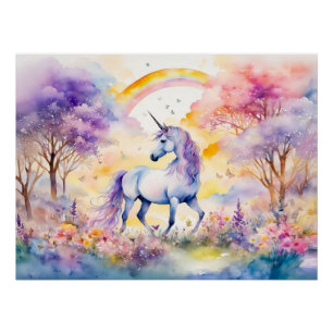Pôster Cavalo-Majestoso Unicórnio Aquarela Sob Flor de Ce