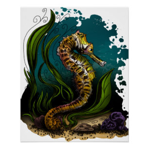 Pôster Cavalo-Marinho Azul-Verde Estética Oceânica Design