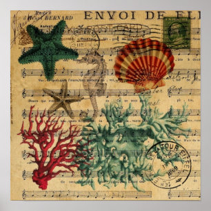 Pôster cavalo marinho coral litoral tropical dos