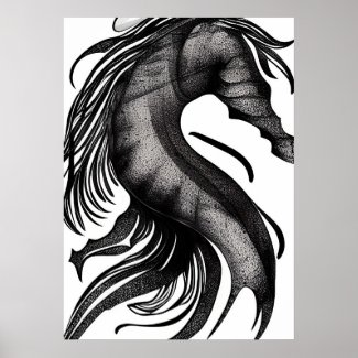 Poster cavalo marinho pintura em preto e branco