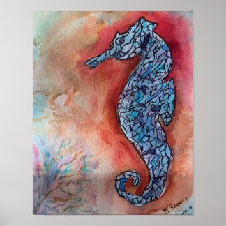 Poster Cavalo marinho Whimsical sobre fundo de aquarela