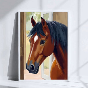 Poster Cavalo Marrom Aquarela Animal País Celeiro