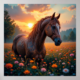 Poster Cavalo Místico em Campo de Flores