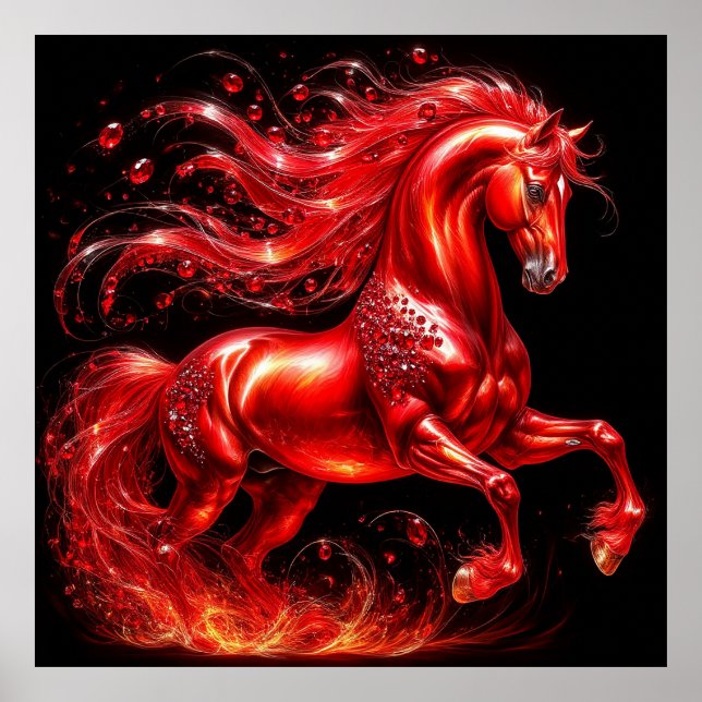 Poster Cavalo Mitológico Vermelho Vibrante com Crina Flam (Frente)