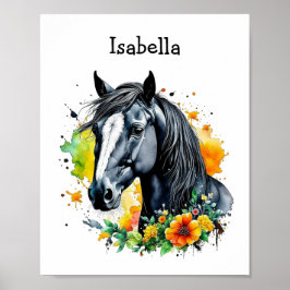 Poster Cavalo Negro Cercado por Flores Personalizadas