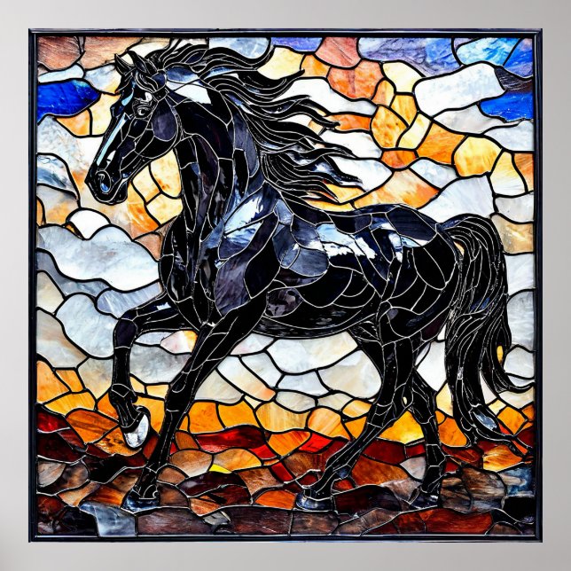 Poster Cavalo negro de vidro retido (Frente)