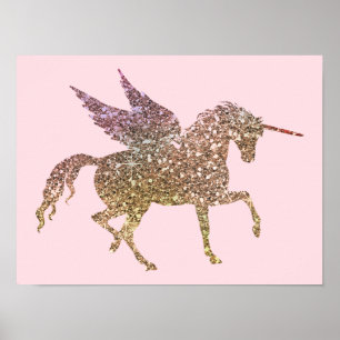 Pôster Cavalo Pegasus Unicórnio Brilho Glitter Dourado da