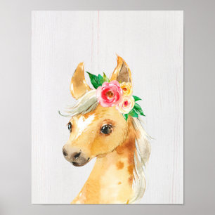 Poster Cavalo Potro Floral Aquarela