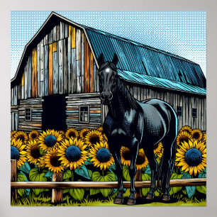 Poster Cavalo Preto Bonito e Celeiro Rústico com Girassói