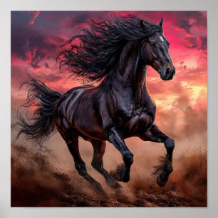 Poster Cavalo Preto Céu Rosa Paisagem Sonho Estética
