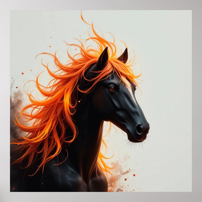 Poster Cavalo Preto com Crina Alaranjada Fluida e Flameja (Frente)