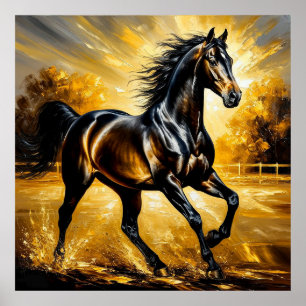 Poster Cavalo Preto Correndo Através da Água no Pôr do So