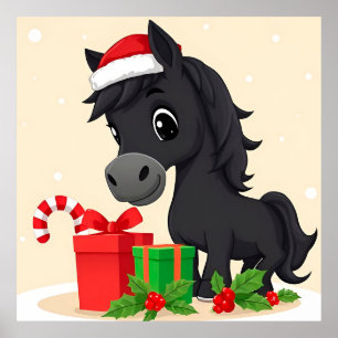 Poster Cavalo Preto de Desenho Animado Festivo Com Chapéu
