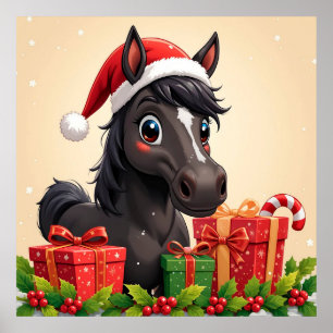 Poster Cavalo Preto de Desenho Animado Festivo Com Chapéu
