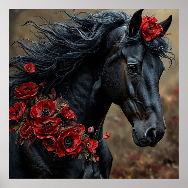Poster Cavalo Preto Decorado Com Flores Vermelhas Vibrant (Frente)