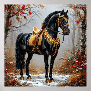 Poster Cavalo Preto Elegante Adornado com Arreios Dourado
