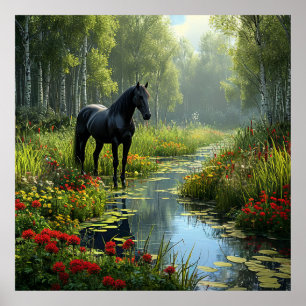 Poster Cavalo Preto em uma Clareira de Floresta Exuberant
