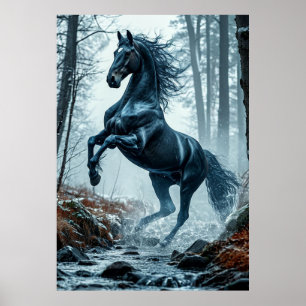 Poster Cavalo Preto Galopando por uma Corrente Florestal