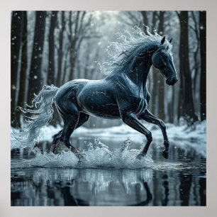 Poster Cavalo Preto Lindo Correndo Através da Água
