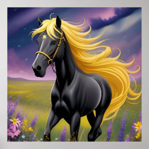 Poster Cavalo Preto Majestoso com Crina Dourada Fluindo
