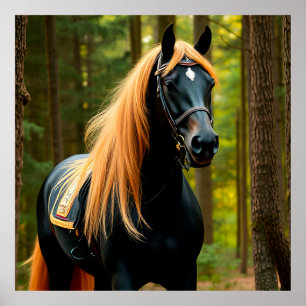Poster Cavalo Preto Majestoso com Crina Fluindo