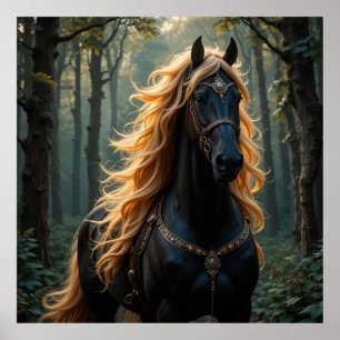 Poster Cavalo Preto Majestoso com Crina Fluindo