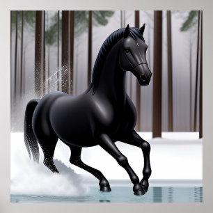 Poster Cavalo Preto Majestoso Correndo Através de um Inve