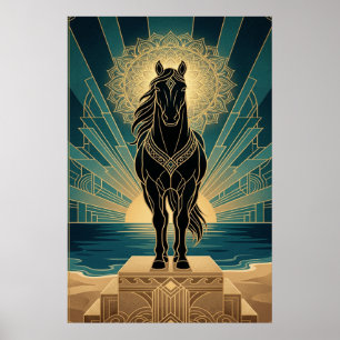 Poster Cavalo Preto Mandala Art Deco Pôr do Sol Turquesa 