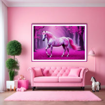 Cavalo rosa místico numa floresta de fantasia