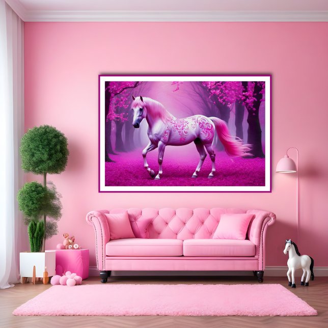 Poster Cavalo rosa místico numa floresta de fantasia (Criador carregado)