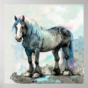 Poster Cavalo Shire Gentil Aquarela Azul